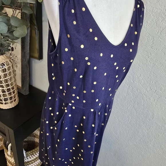 Boden Women's Melinda Jersey Cotton Blend Navy Blue Gold Polka Dot Dress 10 - Picture 3 of 7